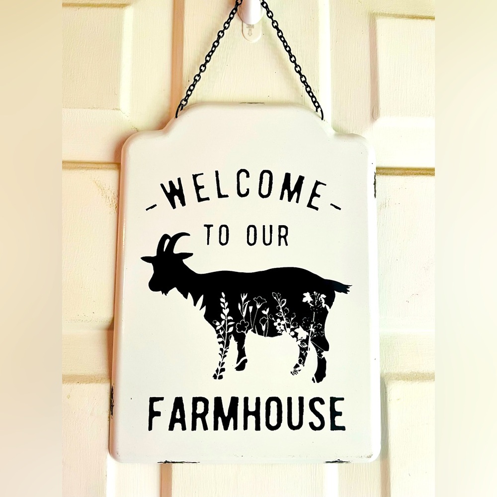 *Welcome to Our Farmhouse Metal Hanging Goat Sign